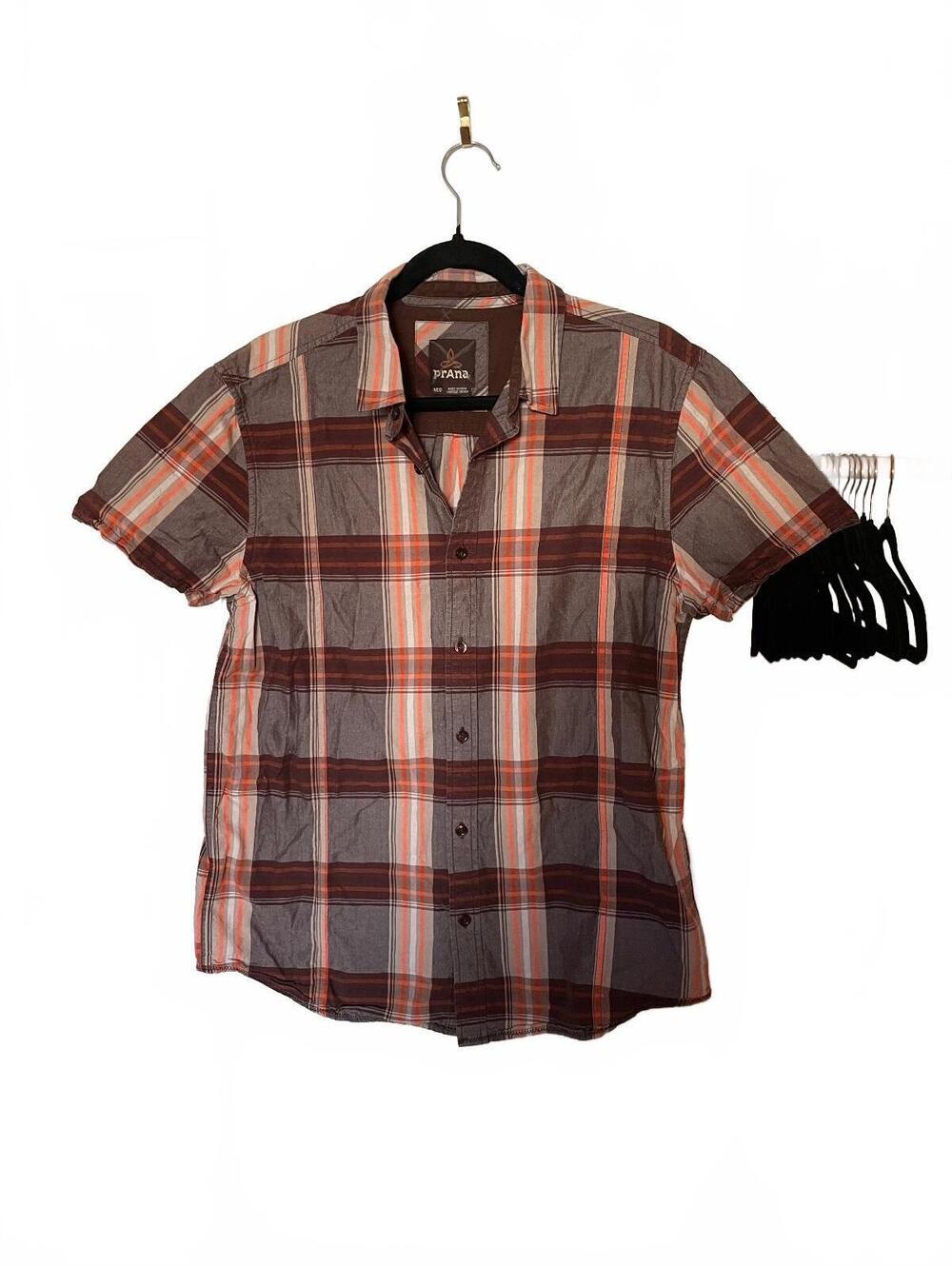 prAna plaid short sleeve button front shirt brown gray and orange